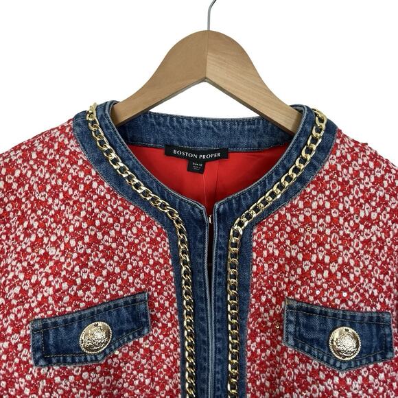 Boston Proper Jacket NWT Red Tweed Denim Trim Gold Chain Buttons Size 12 - Picture 9 of 15